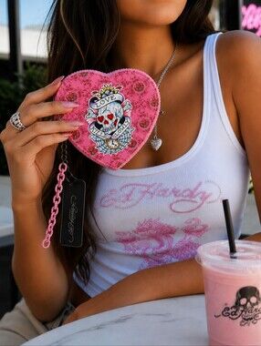 Ed Hardy Pink Heart Coin Purse Wristlet "Love Kills Slowly" NWT